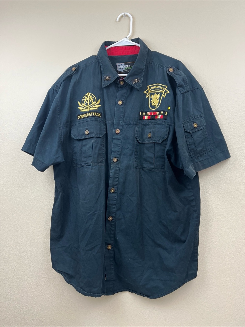 Counter Attack Mens Shirt Military Style Navy Blue Button Up Short Sleeve 3XL
